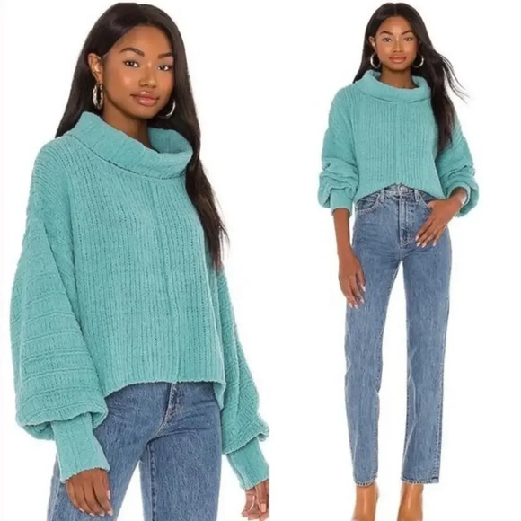 Free People Be Yours Pullover Aqua Emerald Blue Chunky Knit Medium - Picture 2 of 10